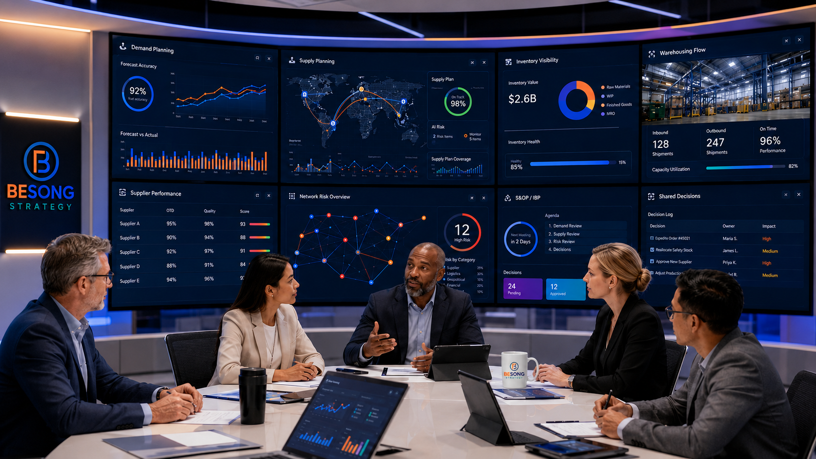 Connected planning and supply-chain orchestration: demand, supply, inventory, warehousing and supplier performance coordinated through shared visibility and decision cadence.
